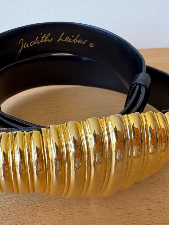 Vintage Judith Leiber Wide Black Leather Belt Ribbed Gold Tone Hinged Adjustable main image 5